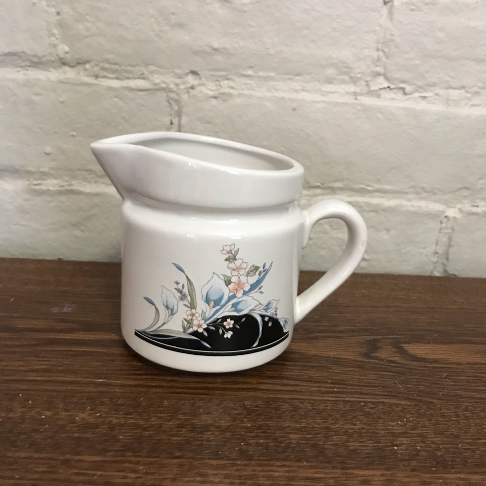 Vintage Pink Blue Black Floral Cottagecore Taiwan Made Ceramic Creamer Pitcher